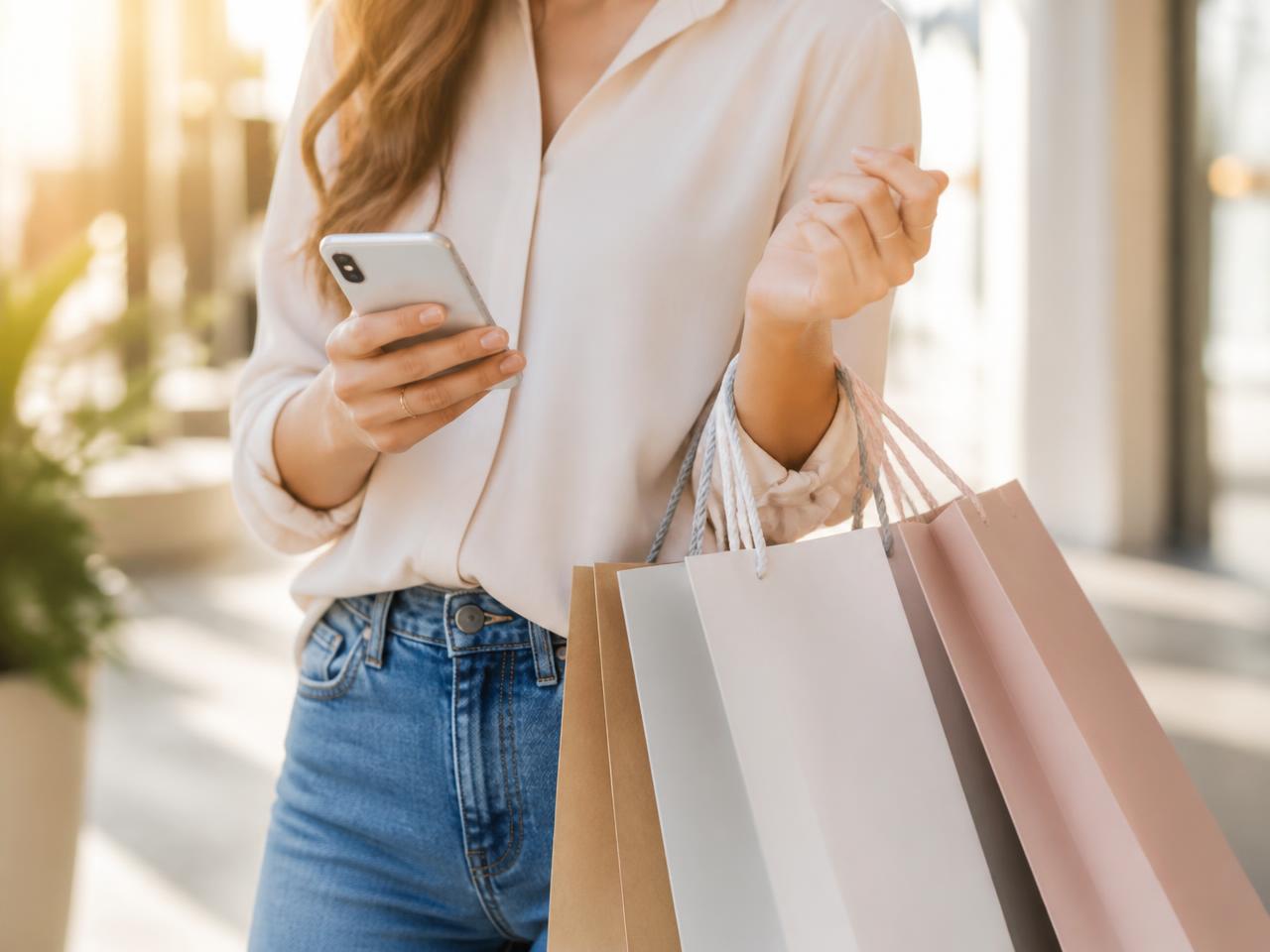 Member carrying shopping bags while browsing deals on a phone